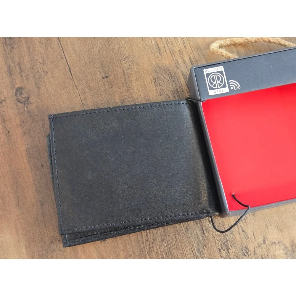 Rugged Rare Mens Black Full Grain Leather Bifold Wallet RFID Protection NEW